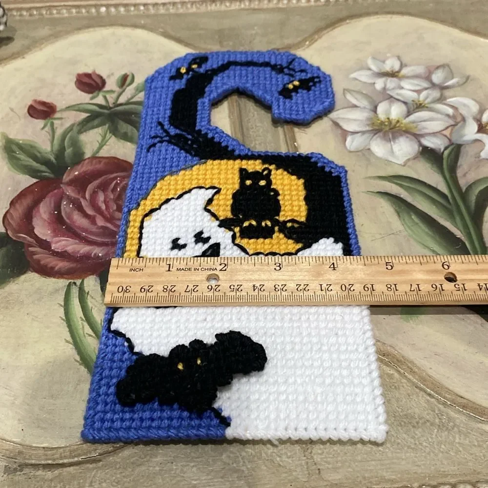Hand Crafted Cross Stitch Halloween Door Hanger Ghost Owl 3D Bat
